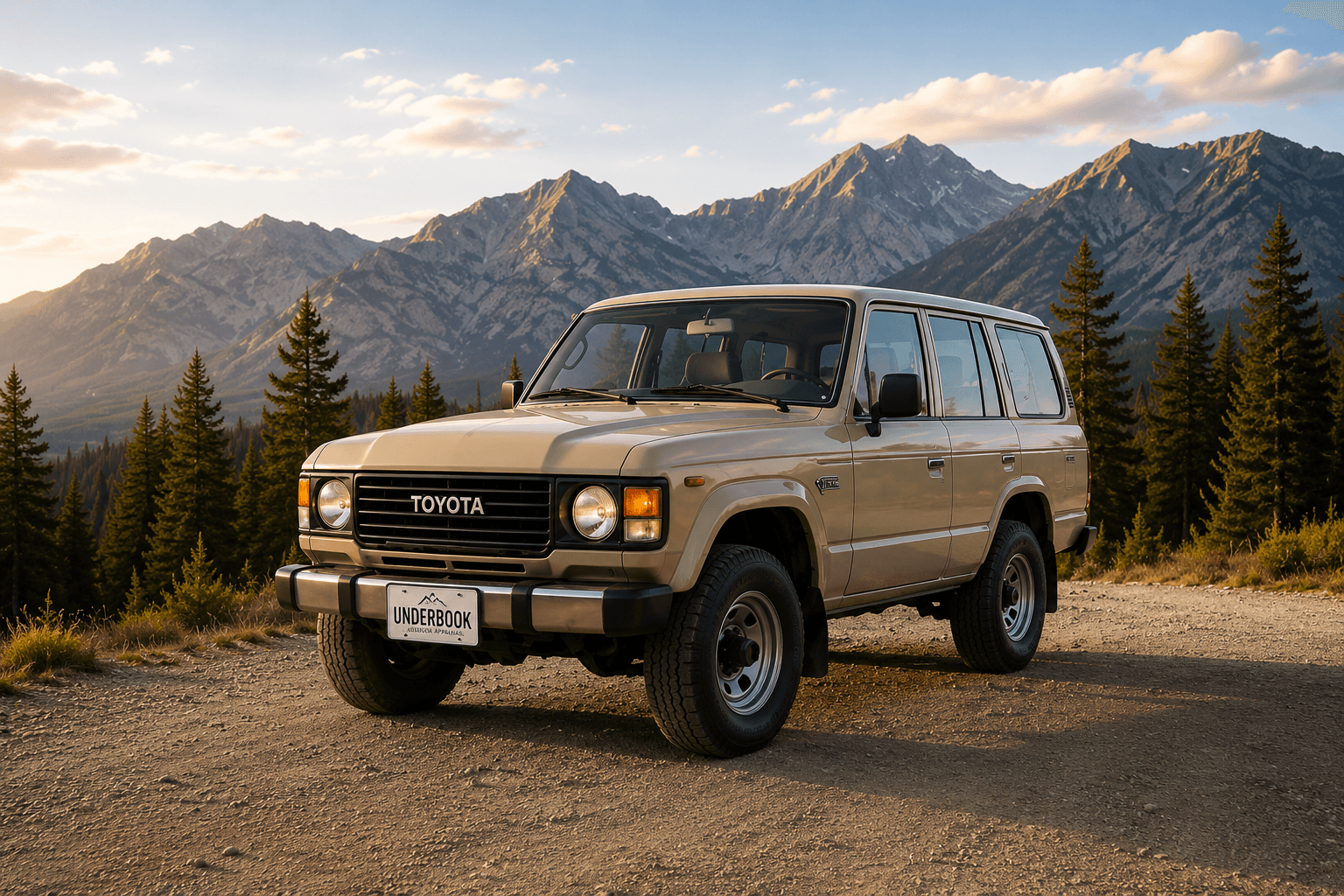 Beige Toyota Land Cruiser parked on a gravel road with forested mountains in the background